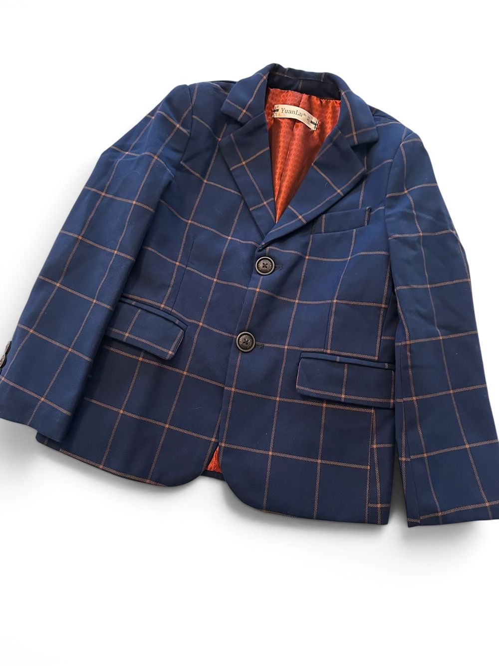 Boys' Navy Windowpane Blazer with Orange Lining